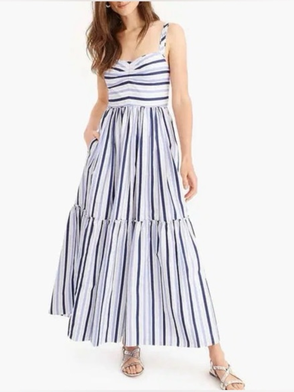 J.Crew Shirting Stripe Tiered Maxi Dress In Multi Blue 💙🤍